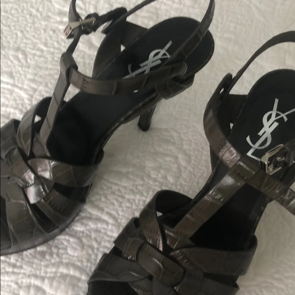 Yves Saint Laurent Brown Croc-Embossed Leather Platform Sandals